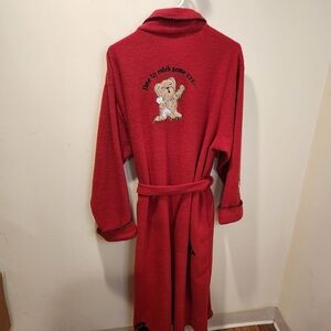 Delicates Red Long Cozy  Robe with Embroidered Dog theme